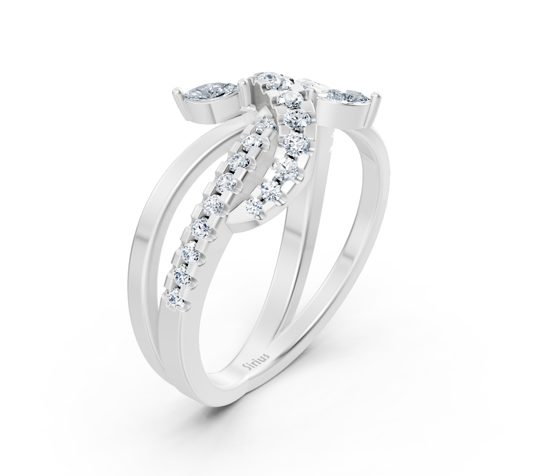 Zarifçe kıvrılan markiz kesim yuvarlak pırlanta çizgisine sahip Beyaz Altın yüzük - Rosy Lab Diamonds’tan yüksek kaliteli Mücevher