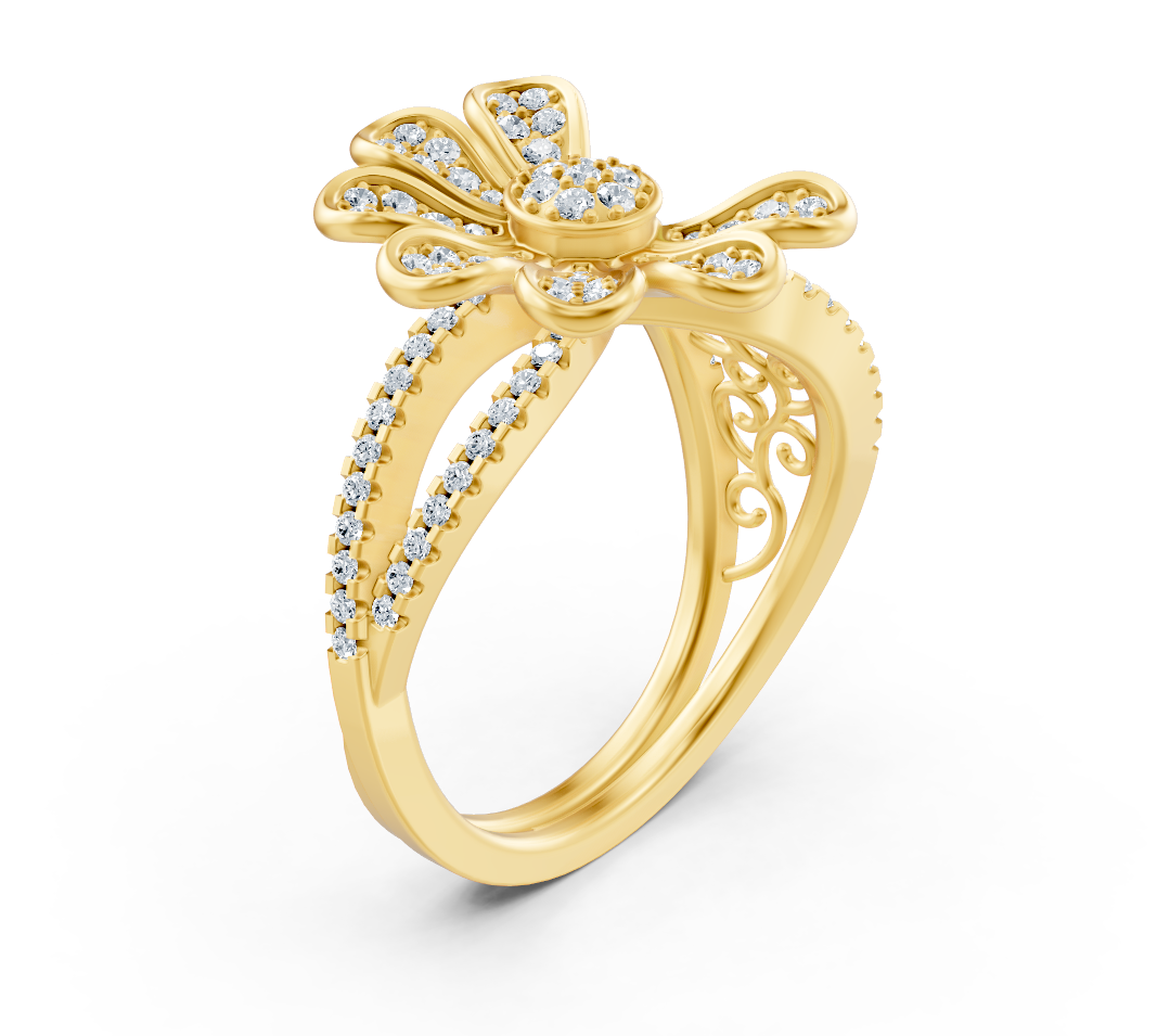 Yellow gold ring in flower shape with pavé setting