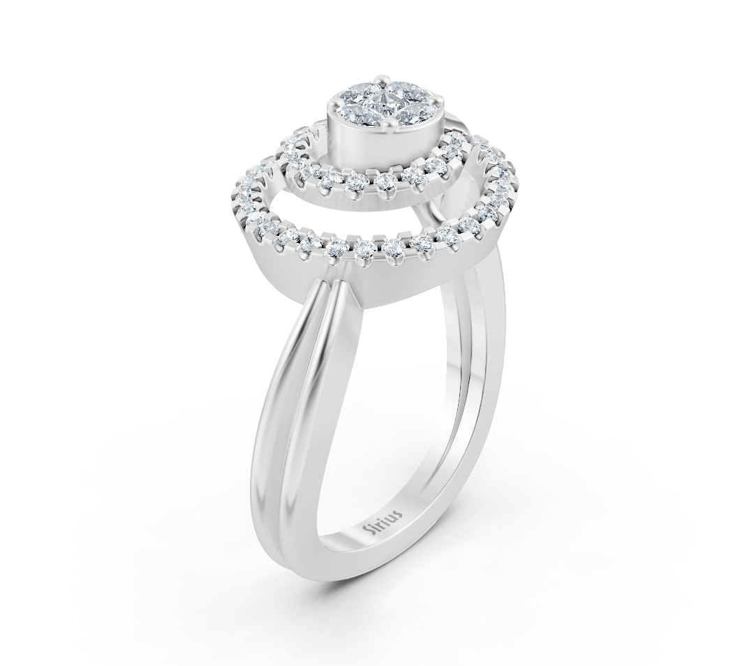 Weißgoldener Ring mit Dreifach-Halo aus Marquise-, Princess- und Runddiamanten