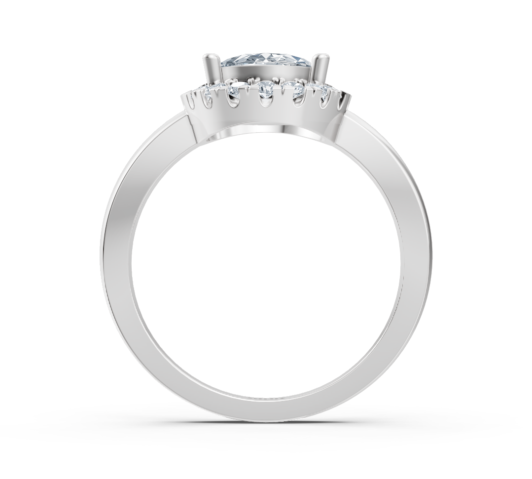 Halo engagement ring made of white gold with oval lab diamond and round diamond halo