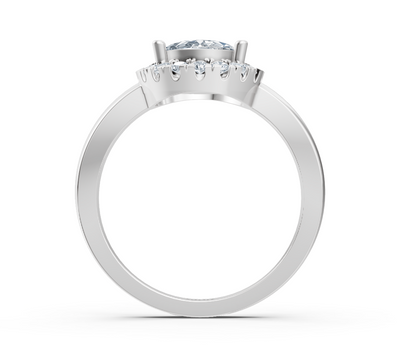 Halo engagement ring made of white gold with oval lab diamond and round diamond halo