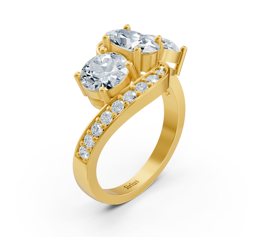 Dreistein-Ring Sirius mit Oval- und Runddiamanten in Gelbgold