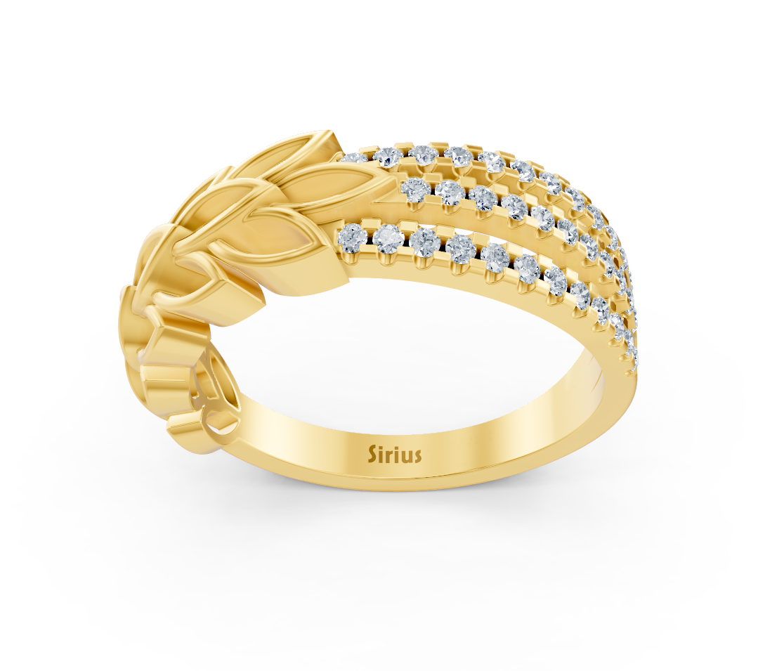 Gelbgoldener Blattmuster-Ring mit laborgezüchteten Diamanten - hochwertiger Schmuck von Rosy Lab Diamonds
