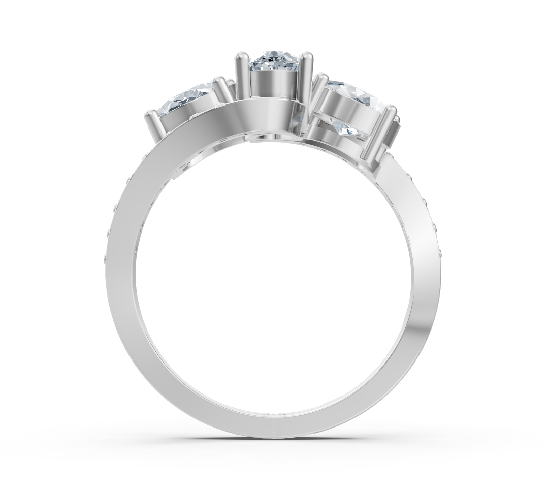 Rosy Lab Diamonds'ın Beyaz Altın Sirius üç taşlı yüzüğü; oval ve yuvarlak pırlantalarla sunulan yüksek kaliteli Mücevher