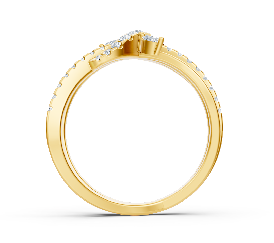 Yellow gold ring with curved marquise-round diamond composition