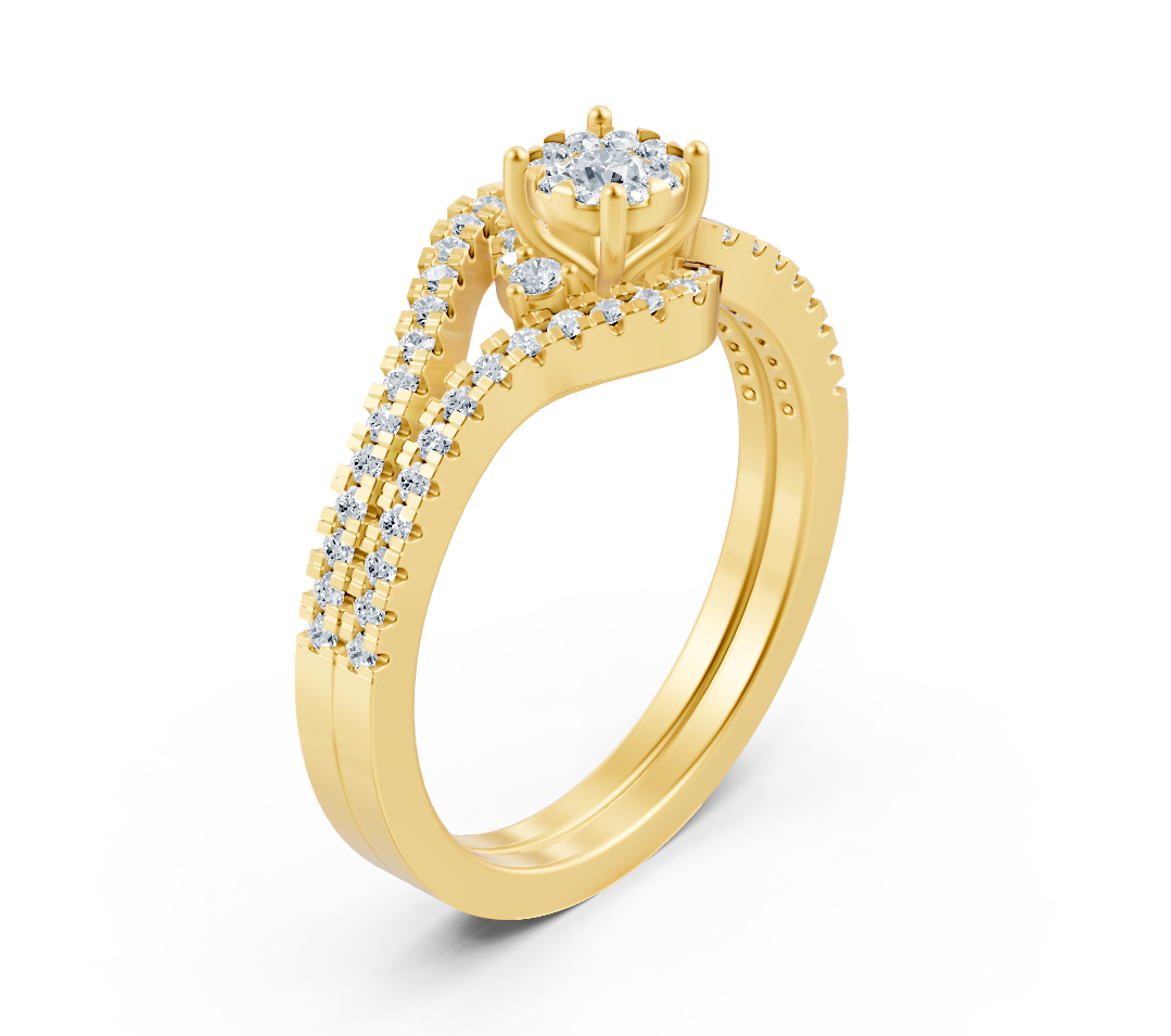 Yellow gold solitaire ring with pavé diamonds