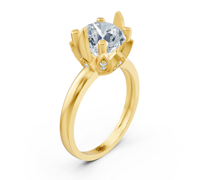 Magnificent yellow gold engagement ring with round lab diamond and crown setting