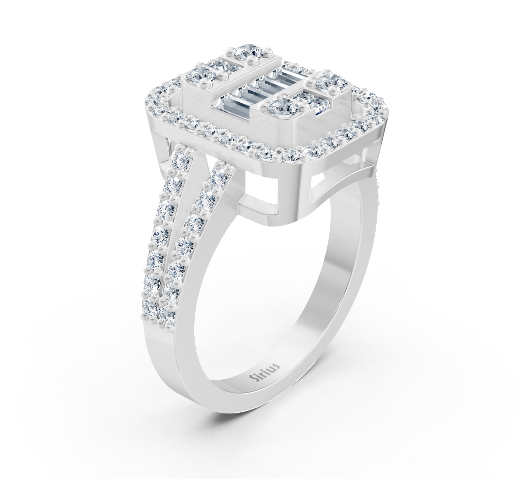 Weißgold-Ring mit Baguette- und Rundschliff Labor-Diamanten im Luxusdesign