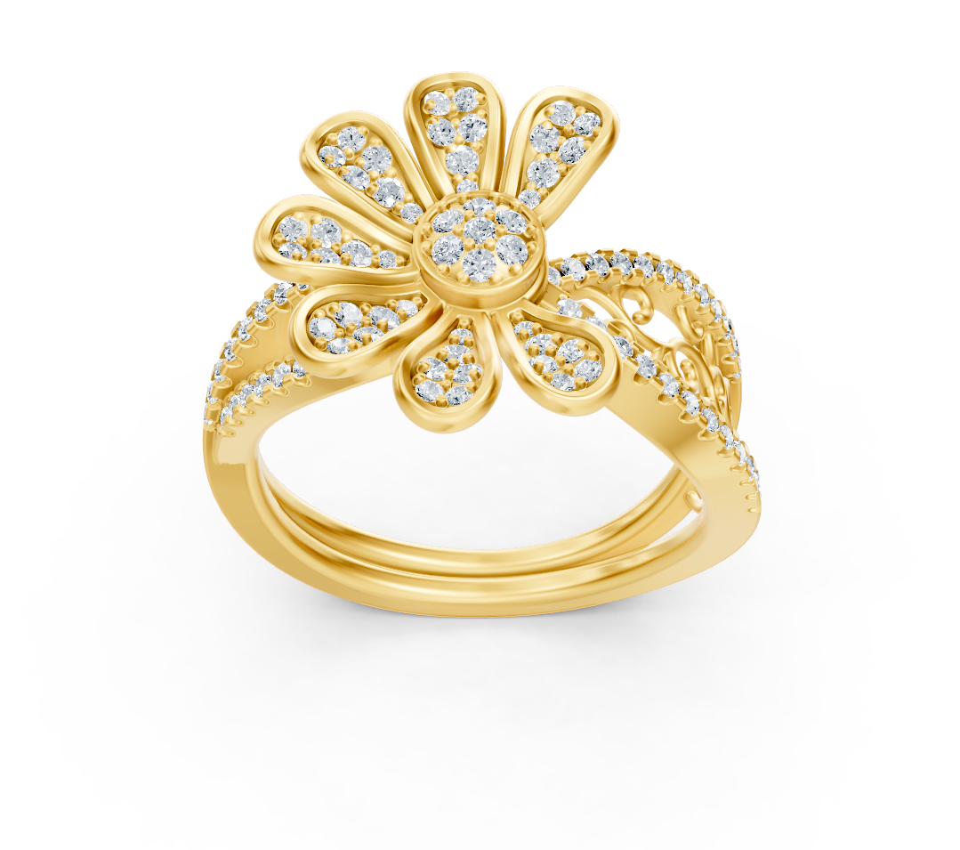 Yellow gold ring in flower shape with pavé setting