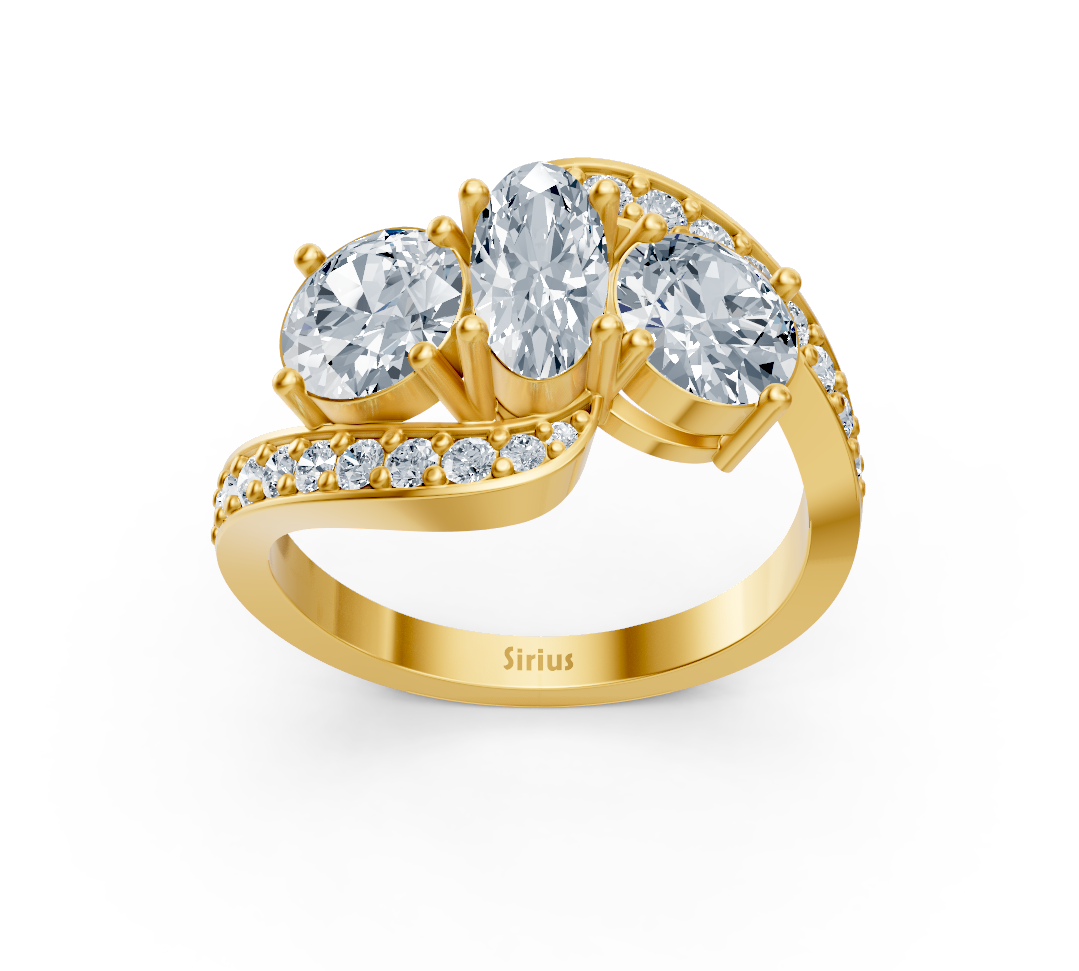 Dreistein-Ring Sirius mit Oval- und Runddiamanten in Gelbgold