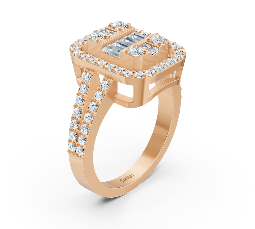 Rose gold ring with baguette and round cut lab diamonds in luxury design
