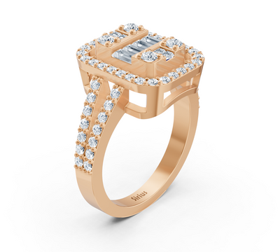 Rose gold ring with baguette and round cut lab diamonds in luxury design