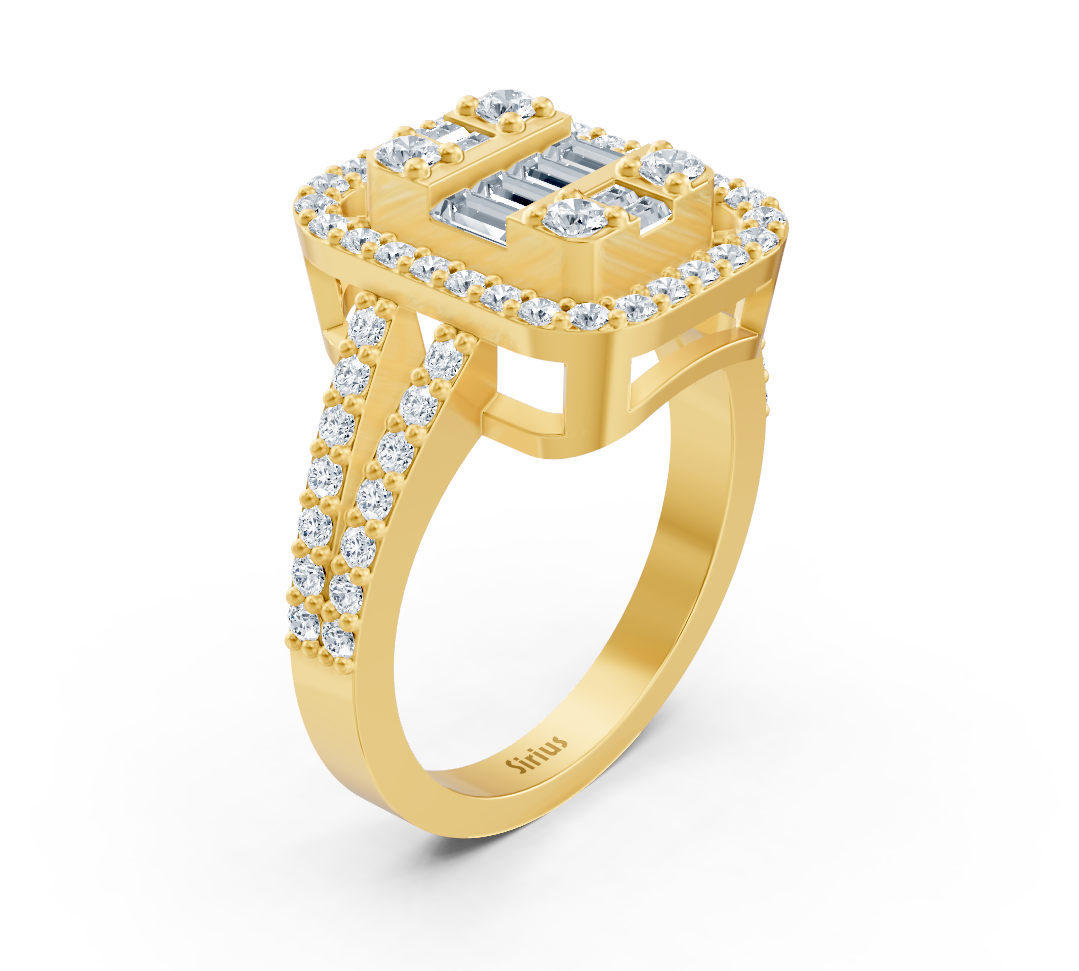 Bague luxueuse en Or Jaune avec diamants de laboratoire taille baguette et Taille Brillant Rond – Bijoux haut de gamme de Rosy Lab Diamonds