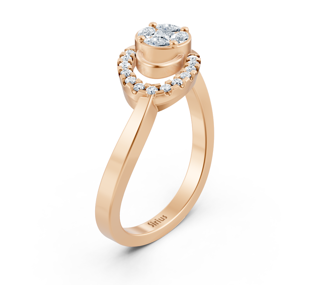 Rose gold cluster ring with marquise, princess, and round diamonds