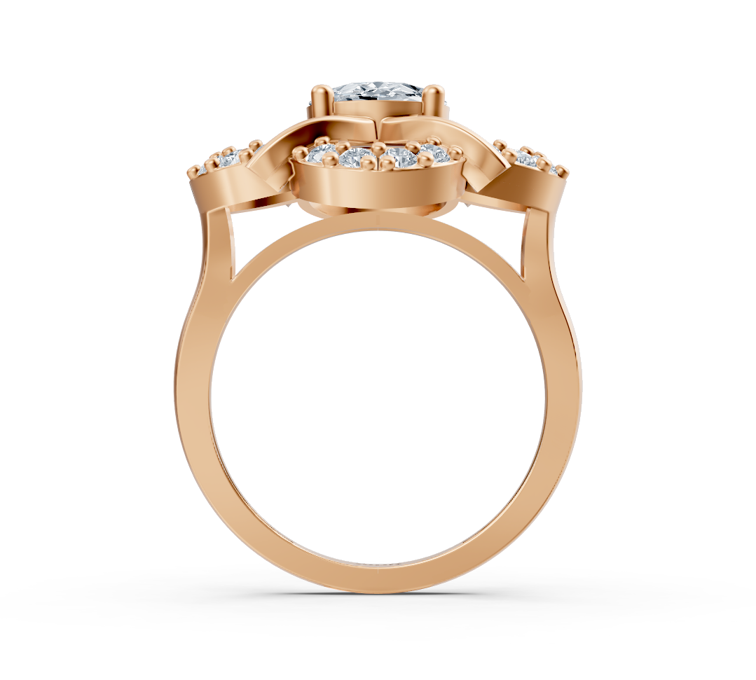 Romantic flower ring made of rose gold with oval lab diamond