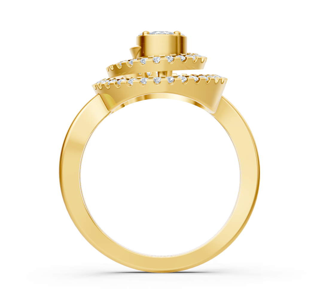 Yellow gold ring with halo design and marquise, princess, and round diamonds