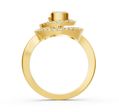 Yellow gold ring with halo design and marquise, princess, and round diamonds