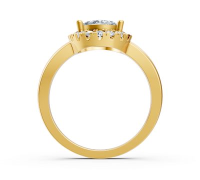 Halo engagement ring in yellow gold with oval lab diamond and round diamond halo