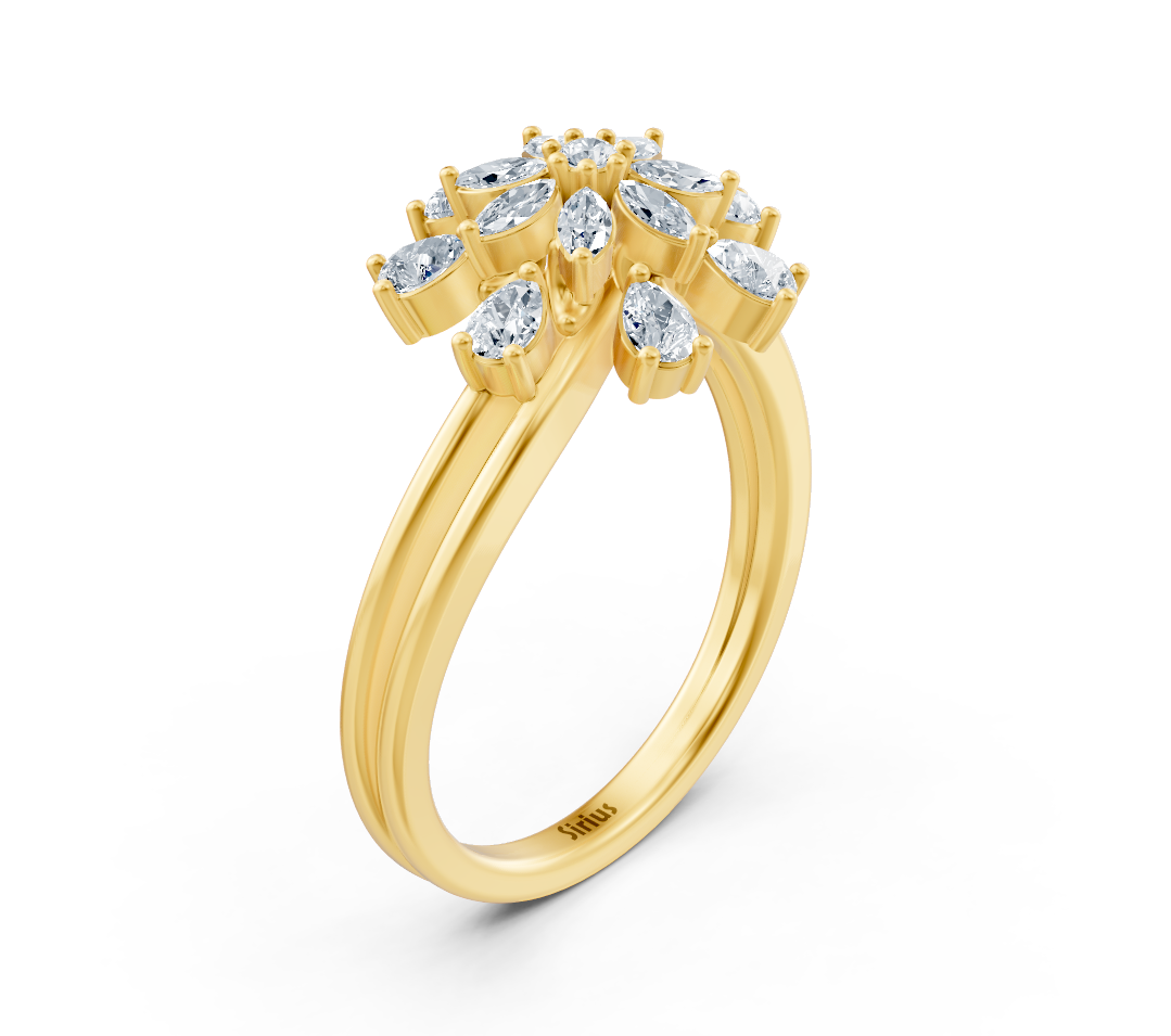 Yellow gold ring with marquise, round, and pear-shaped lab diamonds