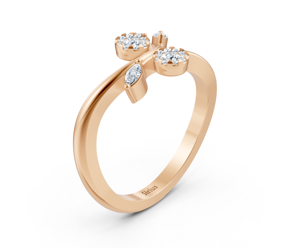 Bague en or rose charmante avec diamants de laboratoire taille marquise et ronde