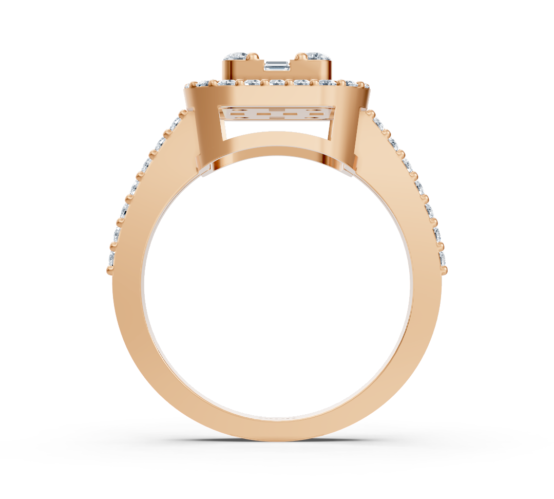 Rose gold ring with baguette and round cut lab diamonds in luxury design
