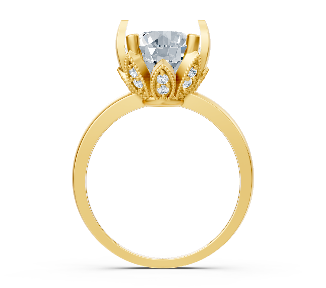 Magnificent yellow gold engagement ring with round lab diamond and crown setting