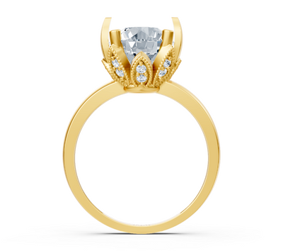 Magnificent yellow gold engagement ring with round lab diamond and crown setting