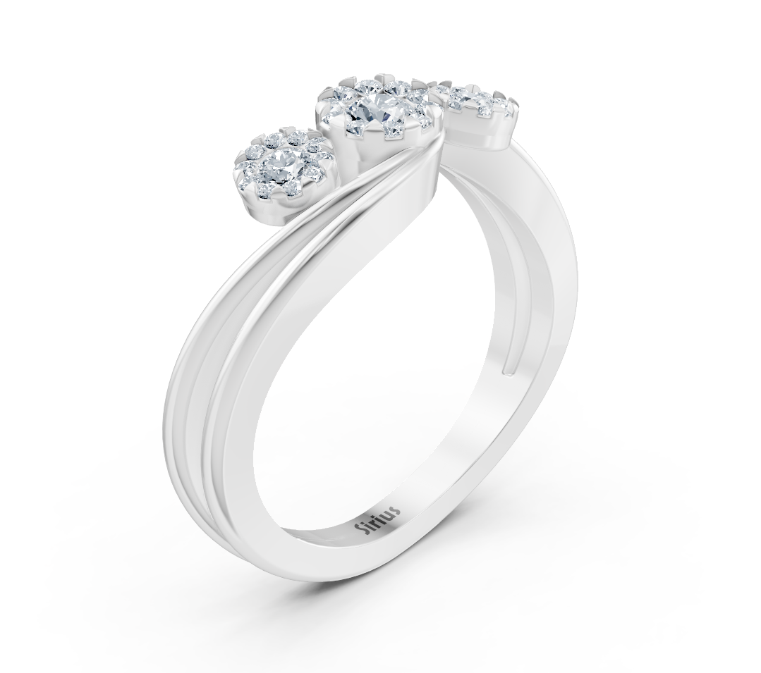 White Gold ring with three diamond-encrusted floral clusters – high-quality Jewelry by Rosy Lab Diamonds
