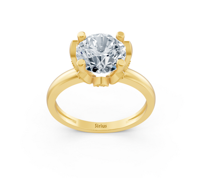 Magnificent yellow gold engagement ring with round lab diamond and crown setting