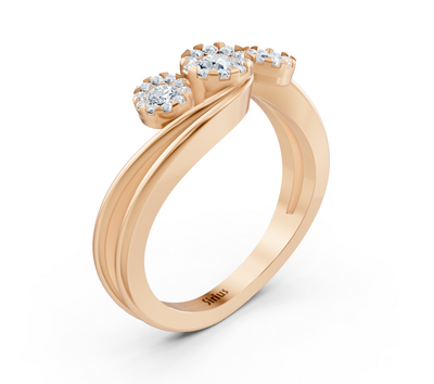 Rose gold ring with three diamond-studded flower shapes