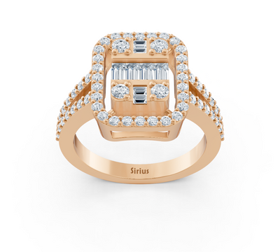 Rose gold ring with baguette and round cut lab diamonds in luxury design