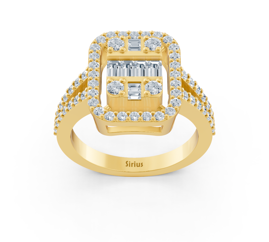 Luxurious yellow gold ring with baguette and round cut lab diamonds