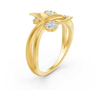 Verspielter Gelbgoldring mit floralen Details und Labordiamanten