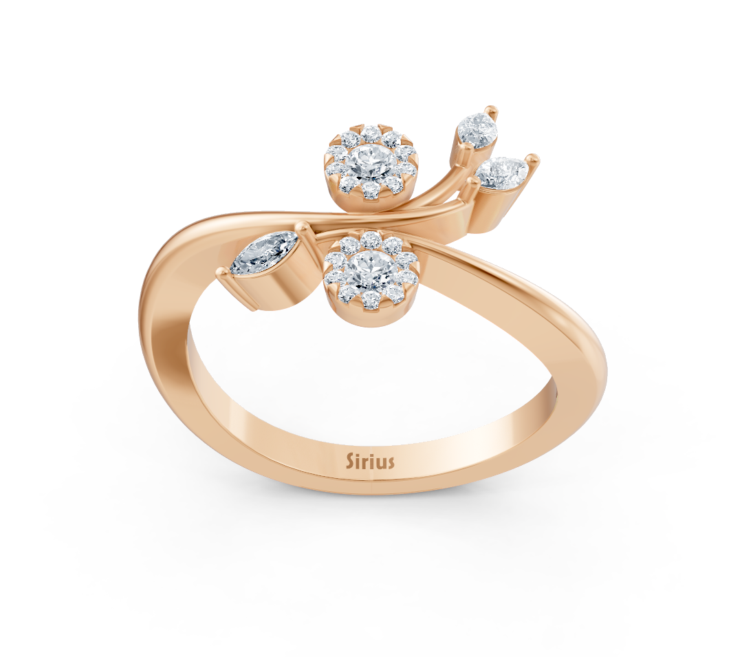 Bague en or rose charmante avec diamants de laboratoire taille marquise et ronde