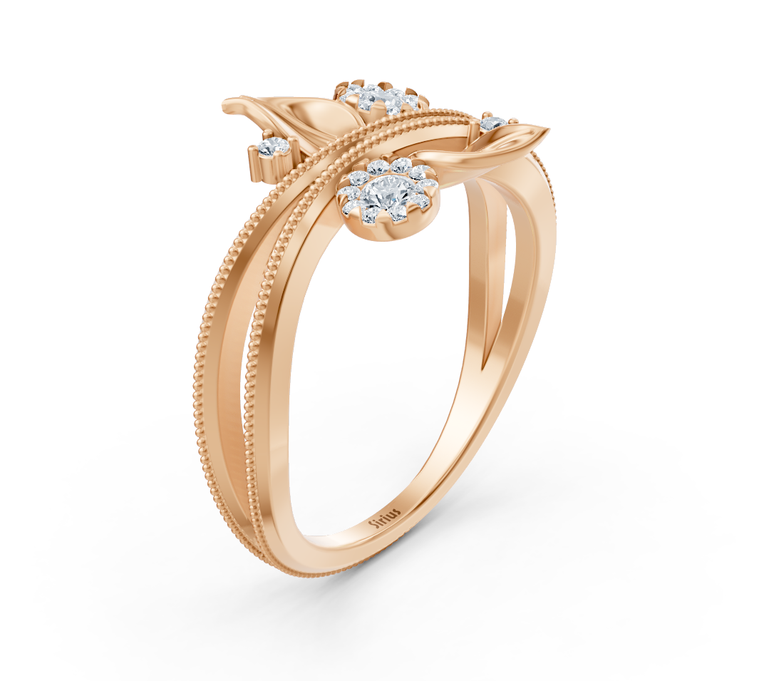 Romantic rose gold ring with floral details and lab diamonds