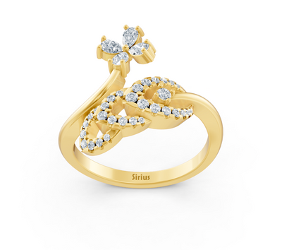 Yellow gold double heart ring with pear and round diamonds