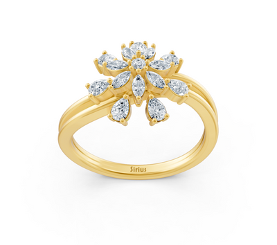 Yellow gold ring with marquise, round, and pear-shaped lab diamonds