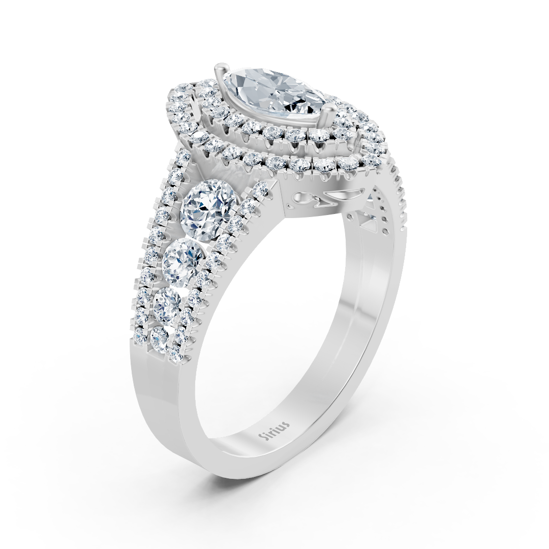 Elegant marquise diamond ring in 14K white gold with white topaz and double halo