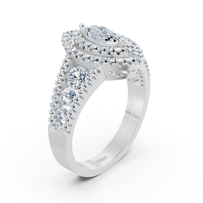 Elegant marquise diamond ring in 14K white gold with white topaz and double halo