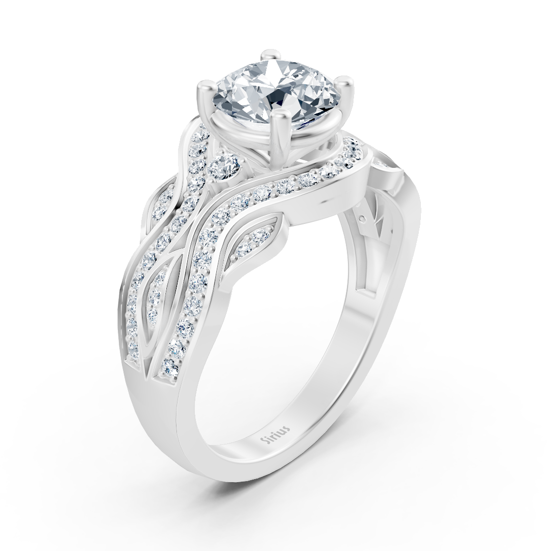 Fantasy diamond ring with delicate lines of white gold