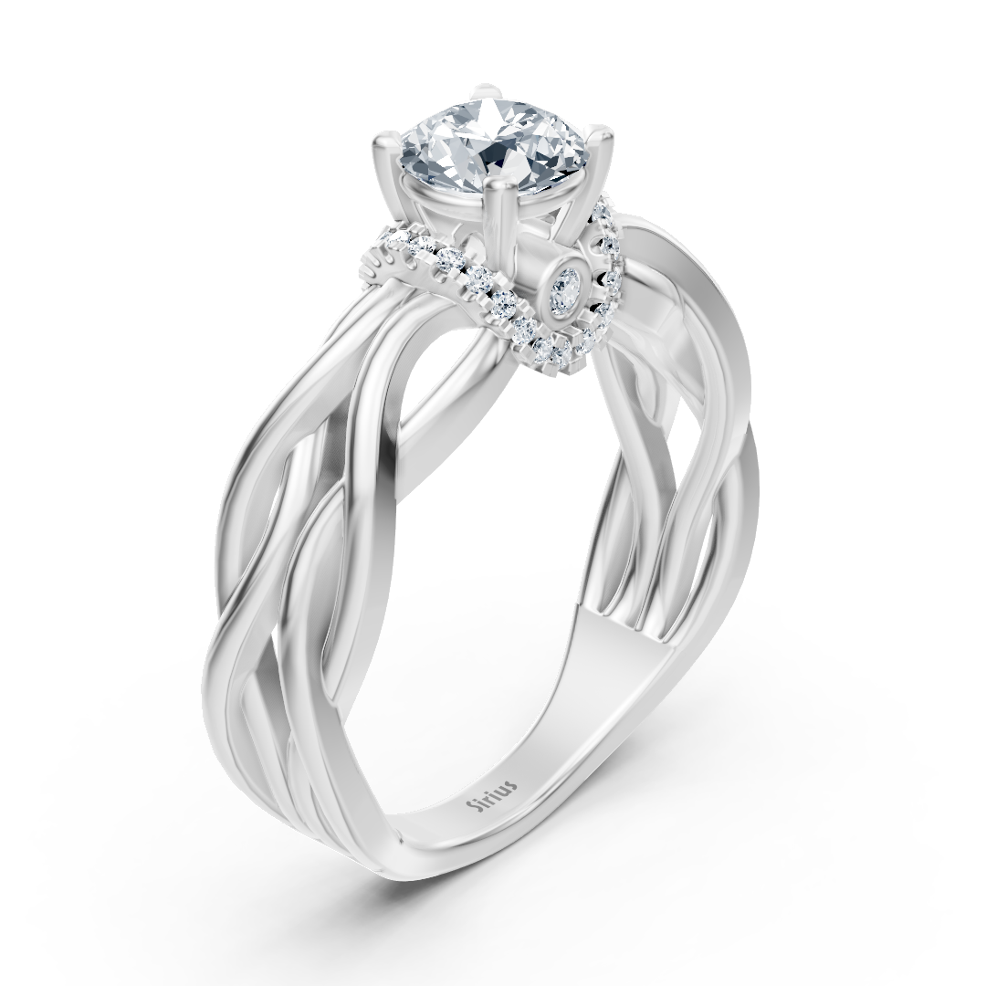 Braided white gold ring with solitaire and fine lab diamonds