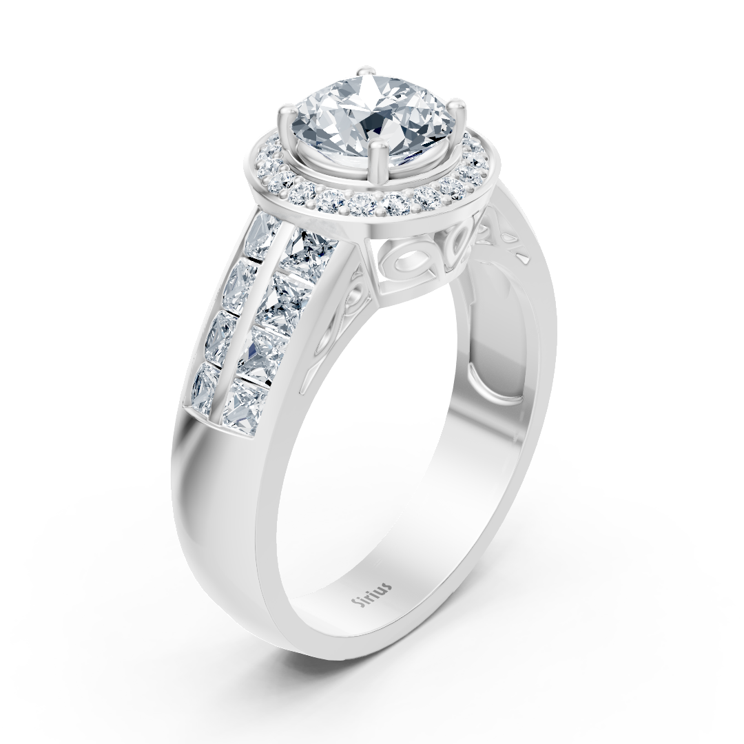 Yuvarlak merkezli ve prenses kesimli özel beyaz altın yüzük - laboratuvarda yetiştirilmiş elmaslar - Rosy Lab Diamonds’tan yüksek kaliteli Mücevher