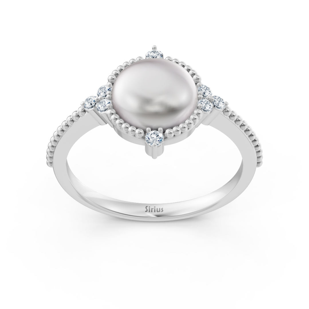 Elegant cabochon pearl ring with diamonds in 14K white gold – 77R0249