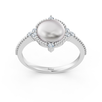 Elegant cabochon pearl ring with diamonds in 14K white gold – 77R0249