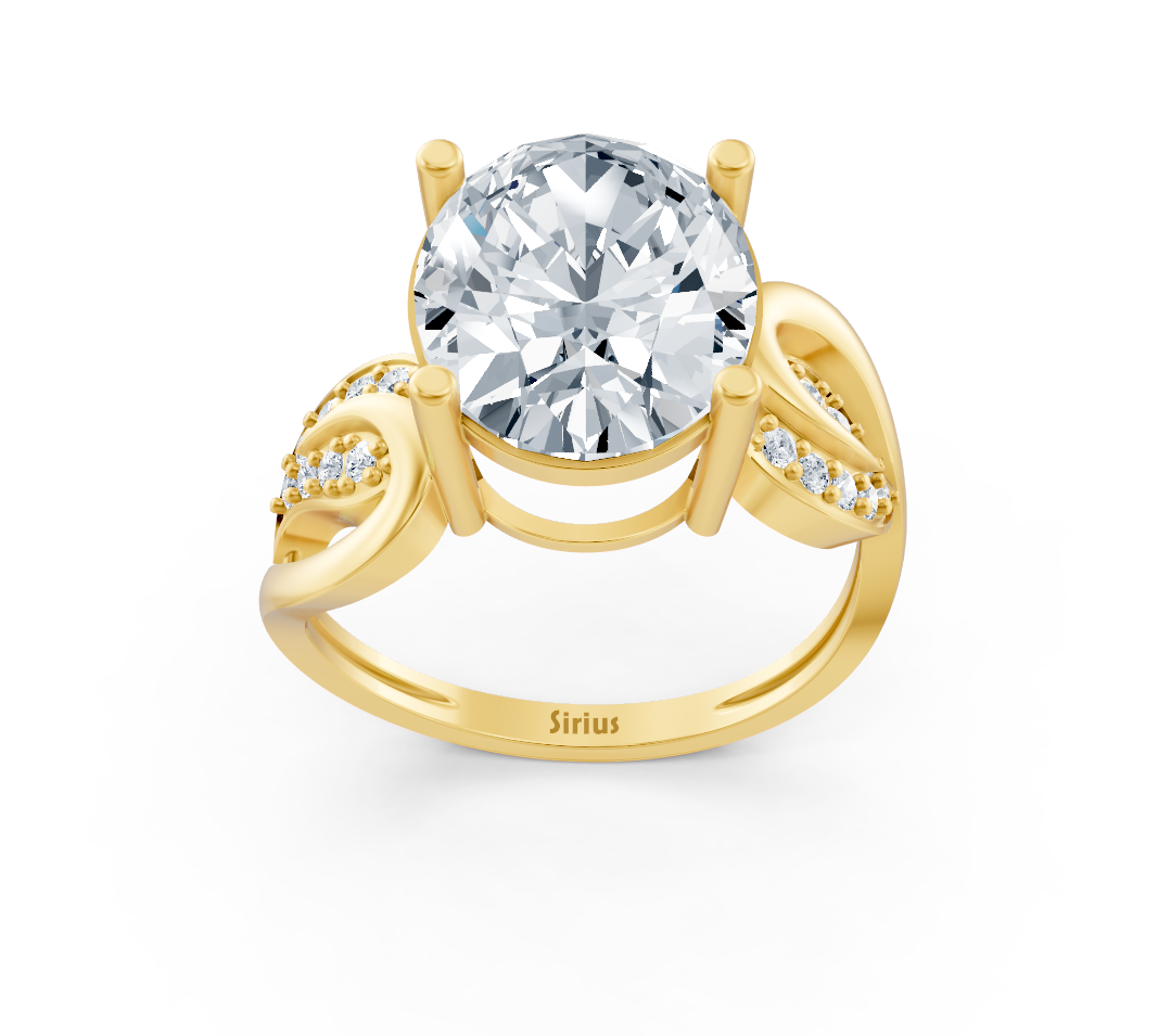 Verlobungsring aus Gelbgold mit ovalem Labordiamanten und geschwungener Diamantfassung