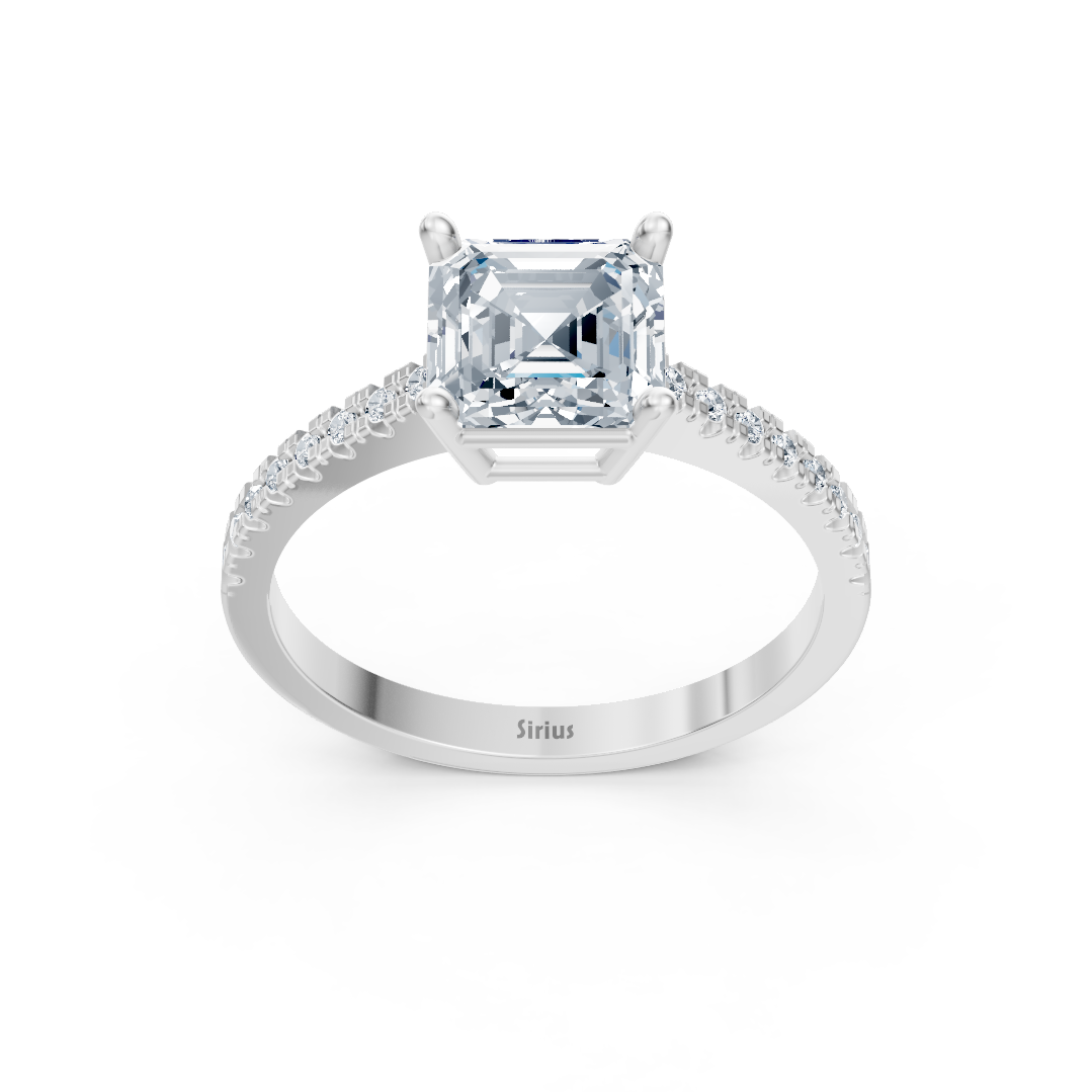 Bague de fiançailles avec Diamant de laboratoire taille émeraude et anneau pavé en Or Blanc - 77R0255 - Bijoux haut de gamme de Rosy Lab Diamonds