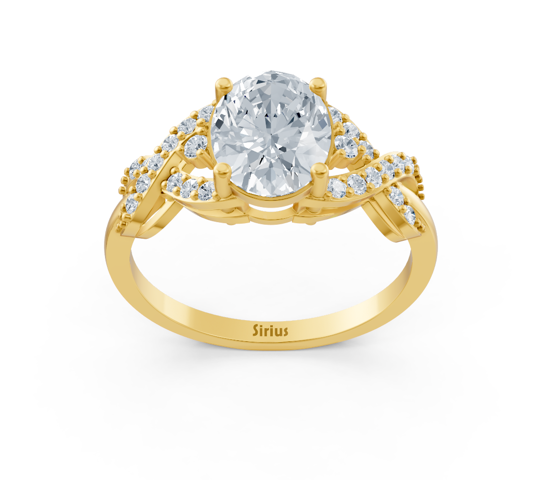 Stylish oval twisted ring with lab diamonds in 14K yellow gold