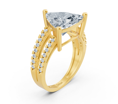 Stylish trillion solitaire ring with pavé lab diamonds in 14K yellow gold