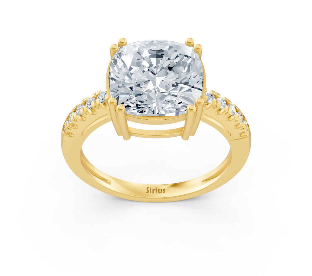 Exklusiver Cushion-Solitär-Ring mit Pavé-Labordiamanten in 14K Gelbgold - hochwertiger Schmuck von Rosy Lab Diamonds