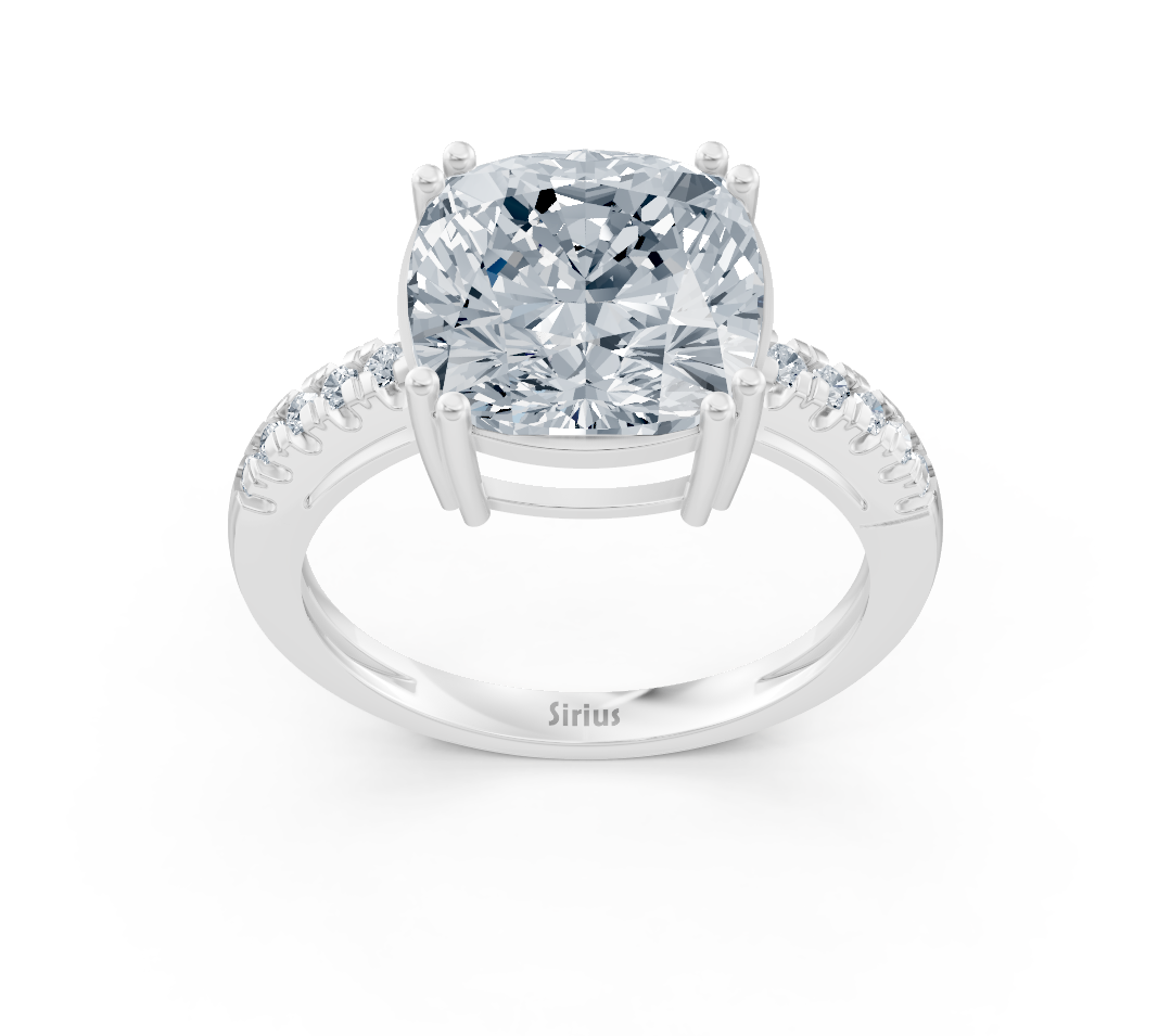 Exclusive cushion solitaire ring with pavé lab diamonds in 14K white gold
